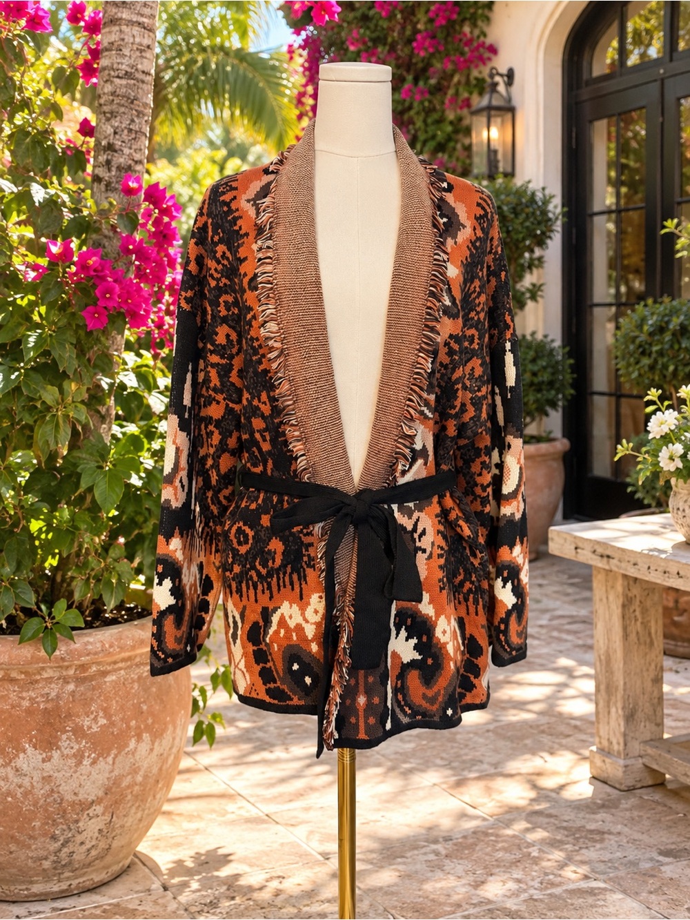 Made in Italy Fringe-Trim Open Front Cardigan Sweater in Rust Black OS